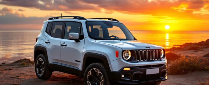 Weißer Jeep Renegade vor Sonnenuntergang am Flughafen Heraklion